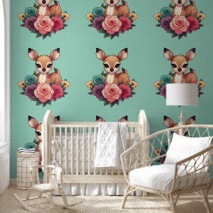 Baby Deer with Roses and Green Foliage Wallpaper
