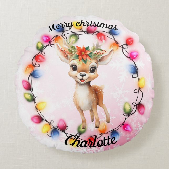 Baby Deer within a wreath of lights Round Cushion (Front)