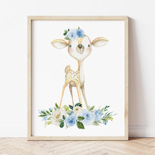 Baby Deer, Woodland Animals, Boho, Blue Flowers Photo Print