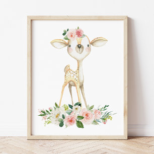 Baby Deer, Woodland Animals, Boho, Pink Flowers Photo Print