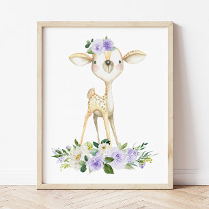 Baby Deer, Woodland Animals, Boho, Purple Flowers Photo Print