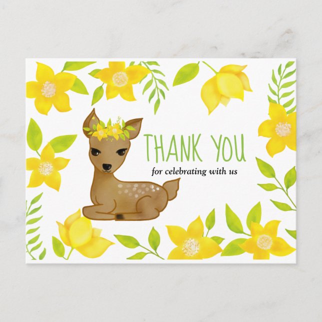 Baby Deer Yellow Florals | Baby Shower Thank You Postcard (Front)