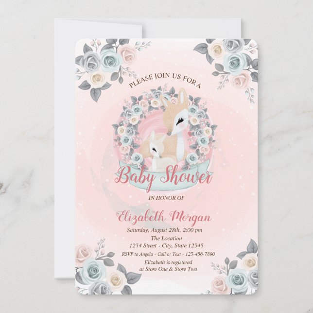 Baby Deers Floral Watercolor Baby Shower  Invitation (Front)