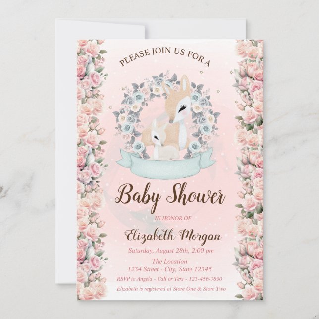 Baby Deers Flowers Roses Baby Shower  Invitation (Front)