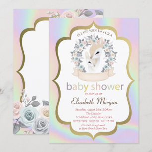 Baby Deers Frame Roses Holographic Baby Shower Invitation