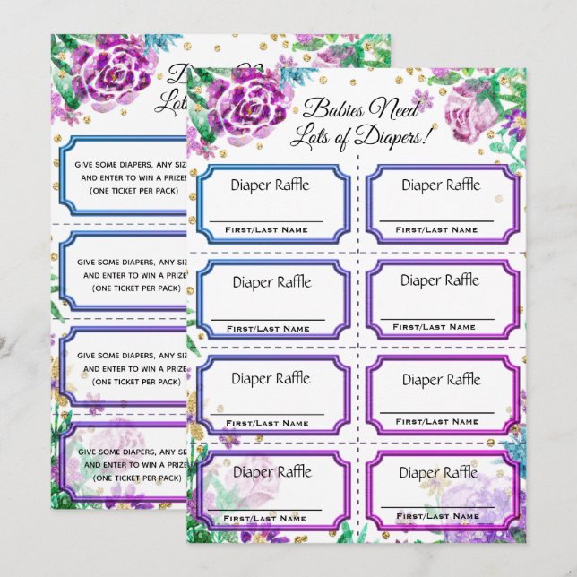 Baby Diaper Raffle Tickets Floral Invitation (Front/Back)
