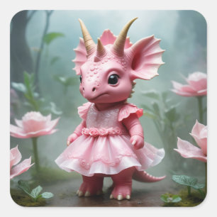 Baby Dino in a Pink Dress Square Sticker