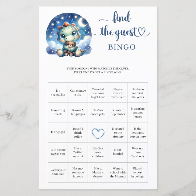 Baby dino starry night Find The Guest Bingo game (Front)