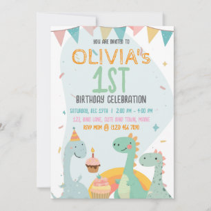 Baby Dinosaur 1st Birthday Party Cute Pastel Invitation