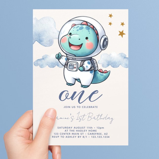 Baby Dinosaur Astronaut Boy 1st Birthday Invitation (Creator Uploaded)