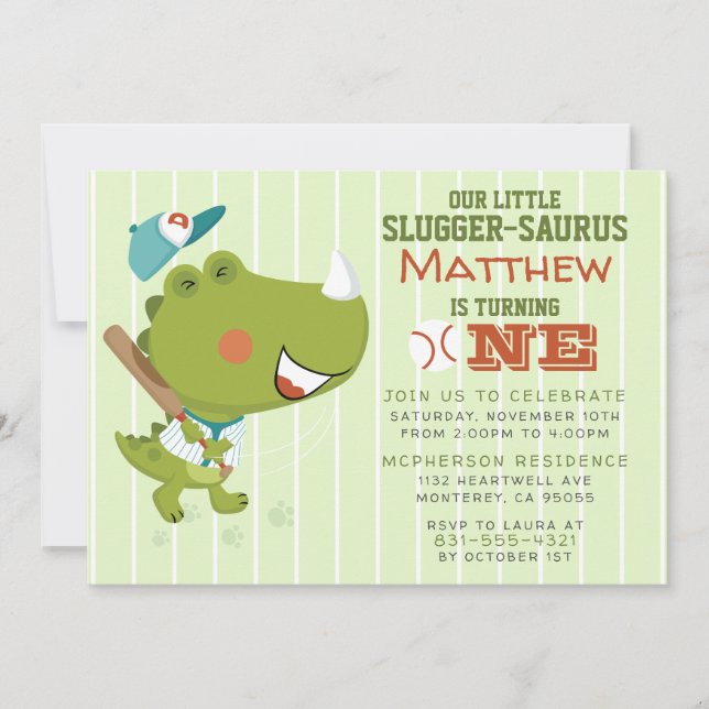Baby Dinosaur Baseball Themed 1st Birthday Party Invitation (Front)
