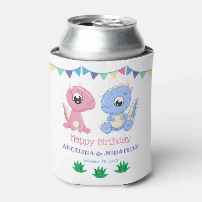 Baby Dinosaur Boy and Girl Joint Birthday  Can Cooler (Can Front)