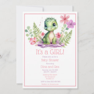 Baby Dinosaur Girl Flowers Invitation