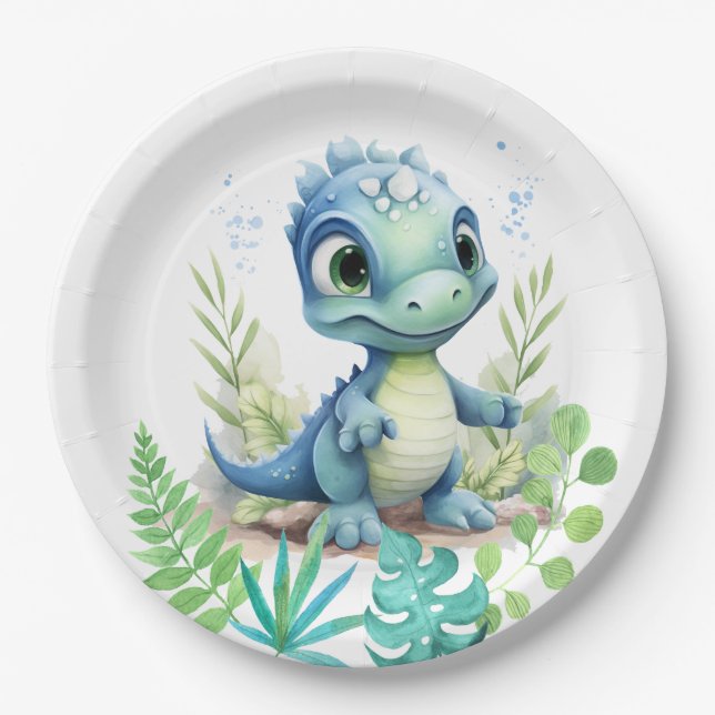 Baby Dinosaur Green and Blue Paper Plate (Front)