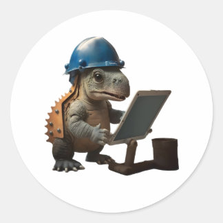baby dinosaur industrial engineer whith tablet classic round sticker