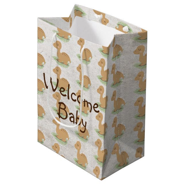 Baby Dinosaur On Leaf Baby Gift Medium Gift Bag (Front Angled)