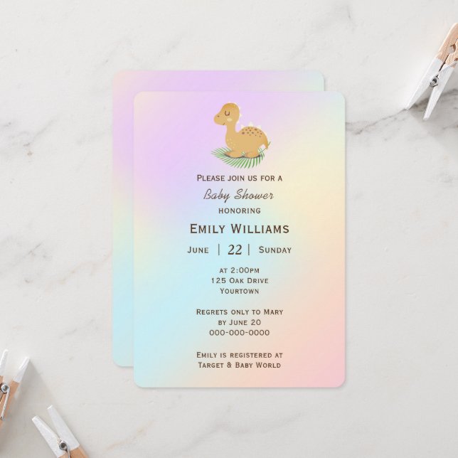 Baby Dinosaur On Pastel Abstract Invitation (Front/Back In Situ)