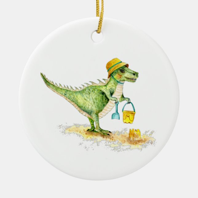 Baby Dinosaur T-Rex on the Beach Ceramic Tree Decoration (Front)