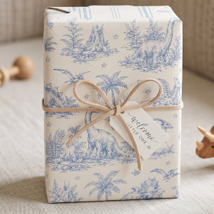Baby Dinosaur Toile Blue Prehistoric Nursery Wrapping Paper Sheet