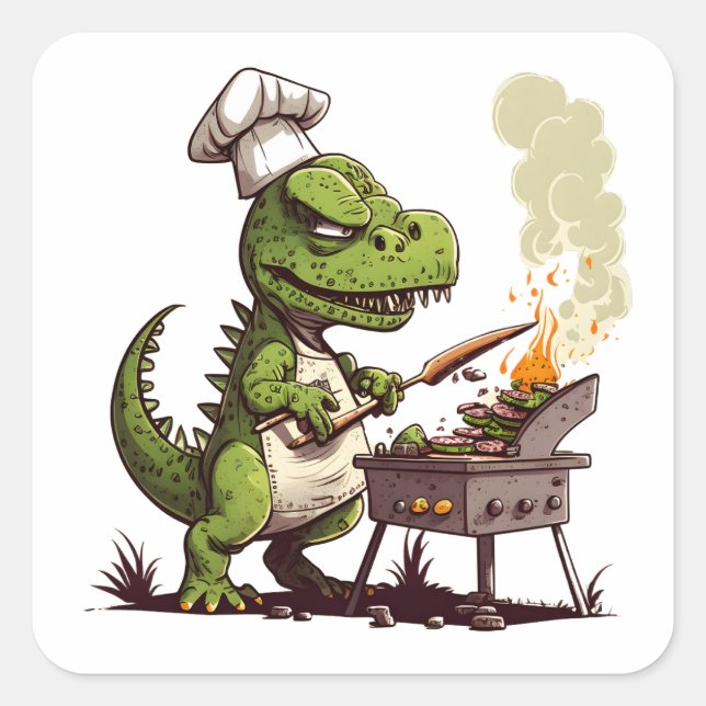 Baby Dinosaur Using A Charcoal Grill Cooking Meat Square Sticker (Front)