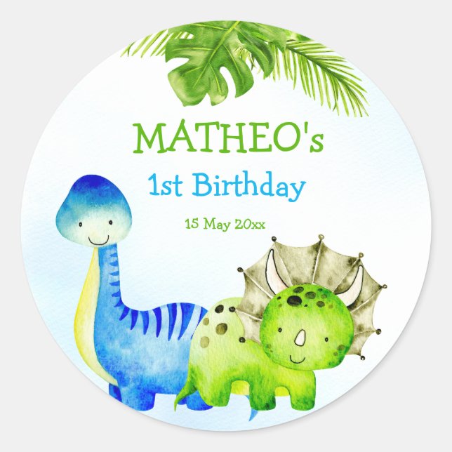 Baby dinosaurs toddler birthday party favour classic round sticker (Front)