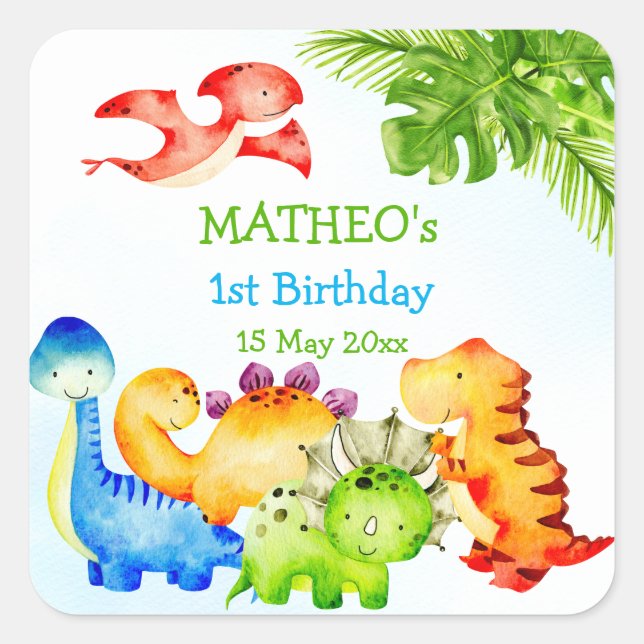 Baby dinosaurs toddler birthday party  square sticker (Front)