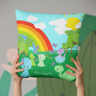 Baby Dinosaurs with Butterflies, Rainbow, and Sun Cushion