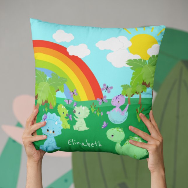 Baby Dinosaurs with Butterflies, Rainbow, and Sun Cushion (Creator Uploaded)