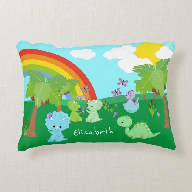 Baby Dinosaurs with Butterflies, Rainbow, and Sun Decorative Cushion (Front)