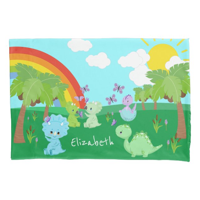 Baby Dinosaurs with Butterflies, Rainbow, and Sun Pillowcase (Front)