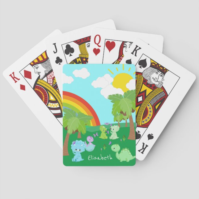 Baby Dinosaurs with Butterflies, Rainbow, and Sun Playing Cards (Back)