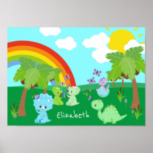 Baby Dinosaurs with Butterflies, Rainbow, and Sun Poster