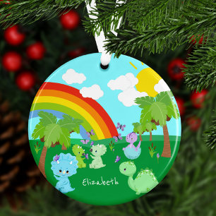 Baby Dinosaurs with Butterflies, Rainbow Christmas Ornament