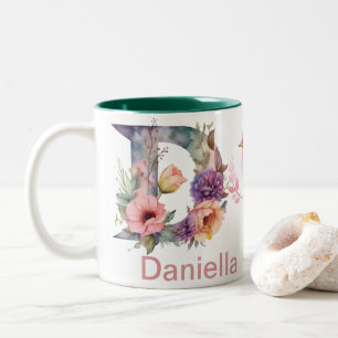 Baby Dog Photo Name Letter D Floral Monogram Bird Two-Tone Coffee Mug