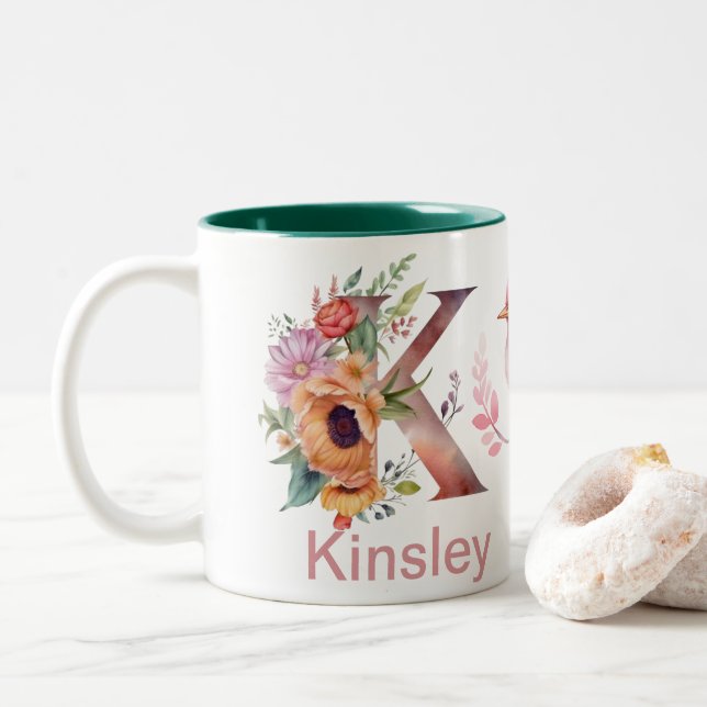 Baby Dog Photo Name Letter K Floral Monogram Bird Two-Tone Coffee Mug (With Donut)