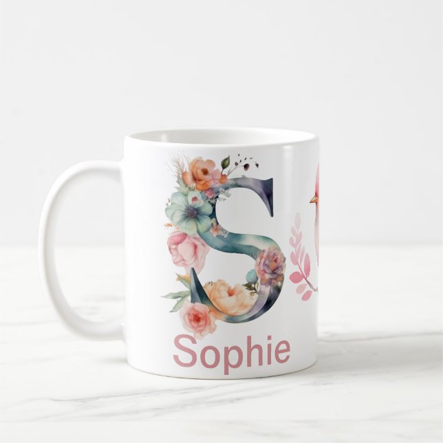 Baby Dog Photo Name Letter S Floral Monogram Bird Coffee Mug (Left)