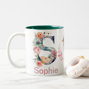 Baby Dog Photo Name Letter S Floral Monogram Bird Two-Tone Coffee Mug
