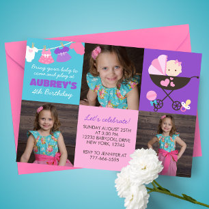 Baby Doll 3 Photo Birthday Invitation