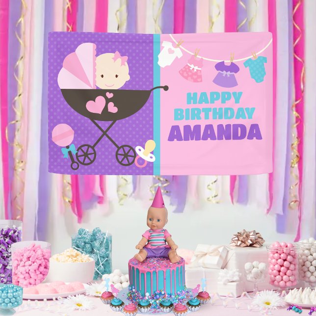 Baby Doll Happy Birthday Banner (Purple Baby Doll Birthday Personalized Hanging Vinyl Birthday Banner. Indoor or outdoor available)