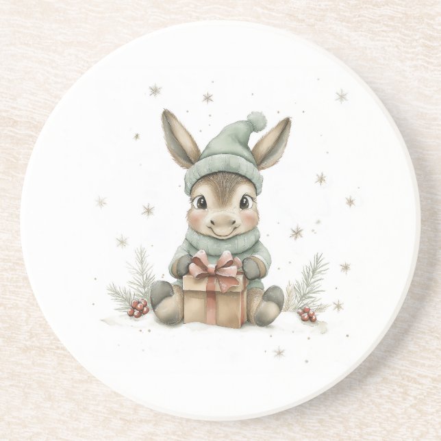 Baby Donkey in Winter Santa Hat Gift 4 Coaster (Front)