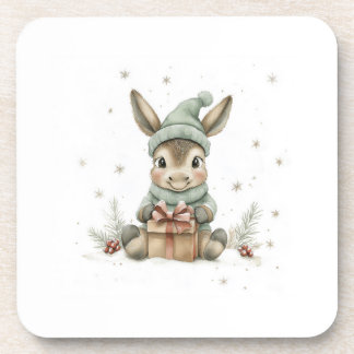 Baby Donkey in Winter Santa Hat Gift 4 Coaster