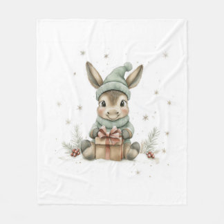 Baby Donkey in Winter Santa Hat Gift 4 Fleece Blanket