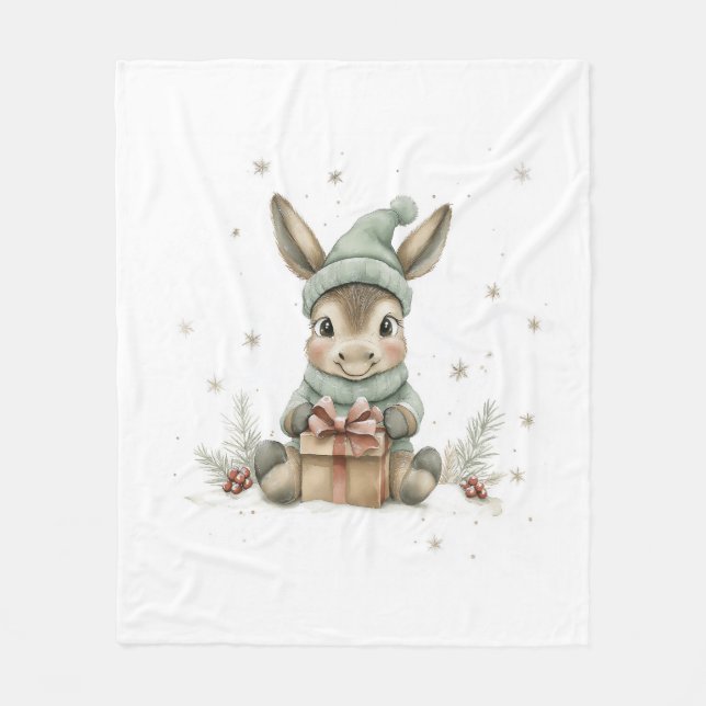 Baby Donkey in Winter Santa Hat Gift 4 Fleece Blanket (Front)