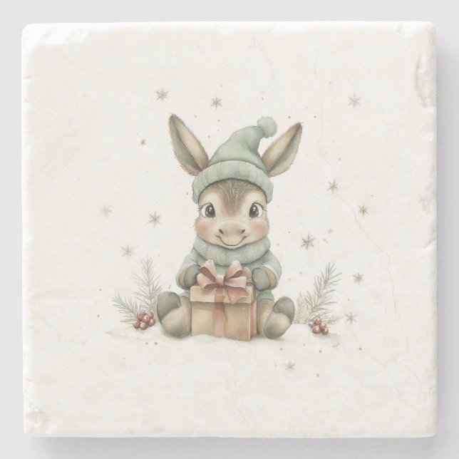 Baby Donkey in Winter Santa Hat Gift 4 Stone Coaster (Front)