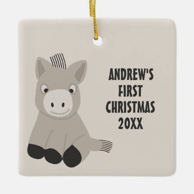 Baby Donkey Personalised First Christmas Photo Ceramic Ornament (Front)