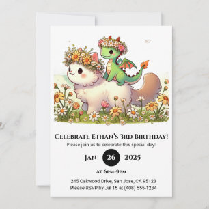 Baby Dragon and Fluffy Cat in Flower Birthday Invitation