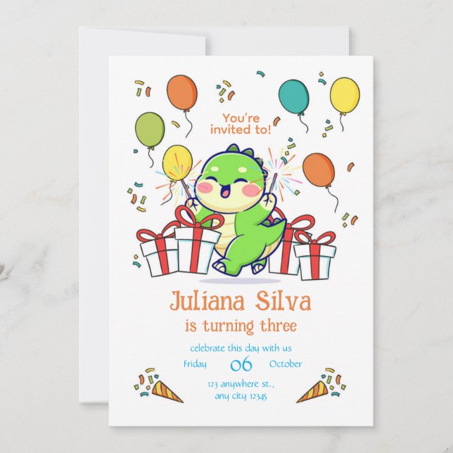 Baby Dragon Birthday invitation template  (Front)