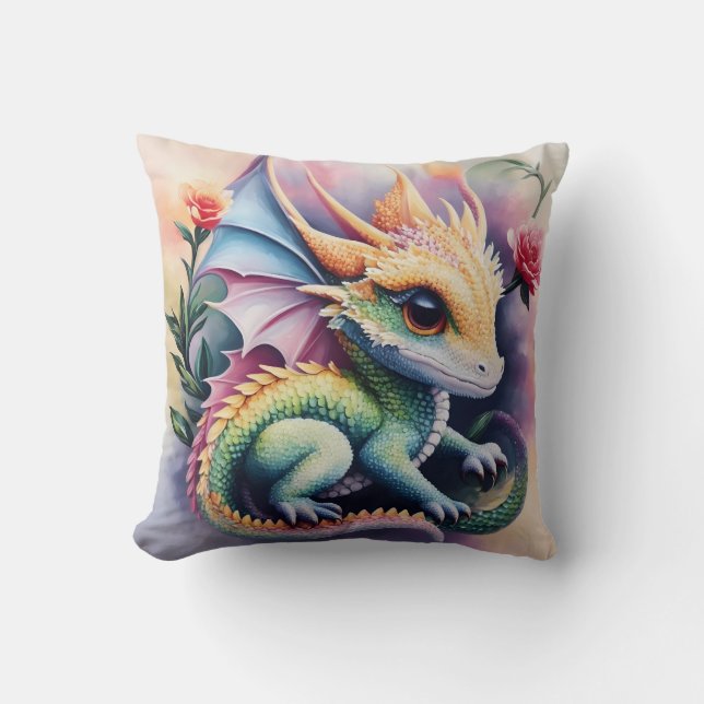 Baby Dragon Floral Art Cushion (Front)