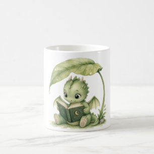 Baby Dragon Reading Under Leaf Storybook Nursery Coffee Mug