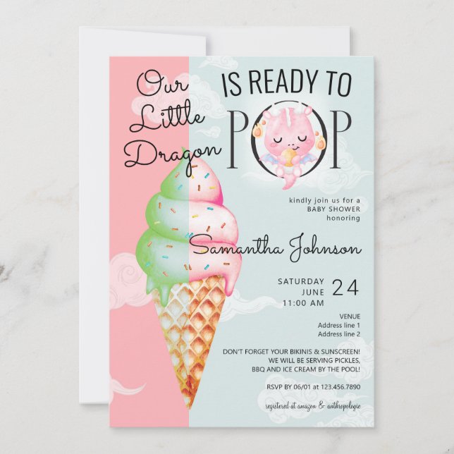Baby Dragon Ready to Pop Ice Cream Baby Shower Invitation (Front)